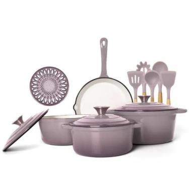 Imagem de Conjunto de Panelas de Ferro Fundido Esmaltado 10 Peças - Frigideira e Panelas Antiaderentes (Creme)