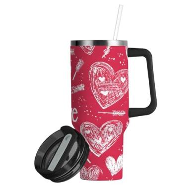 Imagem de ATTX Copo de coração de 850 g com alça, copo de aço inoxidável a vácuo de parede dupla com palha, caneca de café de viagem isolada #354