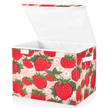 Imagem de Blueangle Cestos de armazenamento padrão morango com tampas, 42 x 32 x 30 cm, grande cesta organizadora dobrável para decoração de escritório e armário (447)