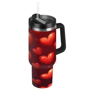 Imagem de ATTX Copo de coração de 1,134 g com alça, copo de aço inoxidável a vácuo de parede dupla com palha, caneca de café de viagem isolada #194