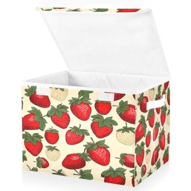 Imagem de Blueangle Cestos de armazenamento padrão morango com tampas, 42 x 32 x 30 cm, grande cesta organizadora dobrável para decoração de casa e escritório (60)