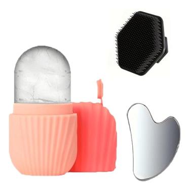 Imagem de Conjunto de 3 peças de massagem para cuidados faciais, incluindo molde de máscara facial de gelo, escova de massagem de limpeza de silicone e uma placa Gua Sha de aço inoxidável para massagem facial e