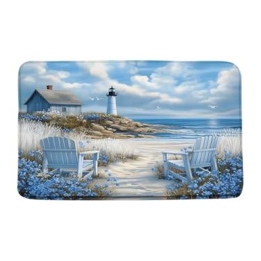 Imagem de HUSPWP Náutico Coastal Lighthouse Tapete de Banheiro Azul Oceano Praia Havaí Paisagem Marítima Abstrata Beira-mar Floral Veleiro Gaivota Vocação Decoração de Banheiro Tapete Tapete de Banheiro, 45 x