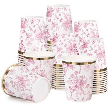 Imagem de WRAPAHOLIC 50 peças de copos de papel florais - copo descartável de flor de vaso sanitário rosa de 255 g, xícara de café, copos de bebida quente/fria para suco de água, perfeito para chá de bebê e