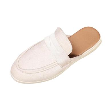 Imagem de Pantufas femininas de cor sólida com design de estilo étnico, sandálias planas confortáveis para uso casual., Branco, 36
