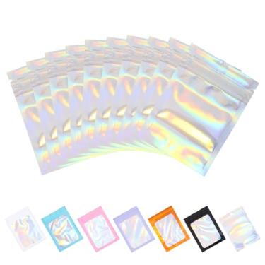 Imagem de Tiparts 100 sacos holográficos Mylar, sacos transparentes de 7 x 9,9 cm, com janela frontal transparente para armazenamento de alimentos, joias, doces, embalagens para pequenas empresas