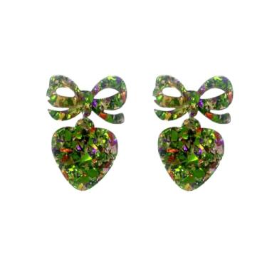Imagem de Todu Brincos de coração femininos de acrílico com lantejoulas e laço de coração para presente de dia dos namorados, Zinco Acrílico, Sem pedra preciosa