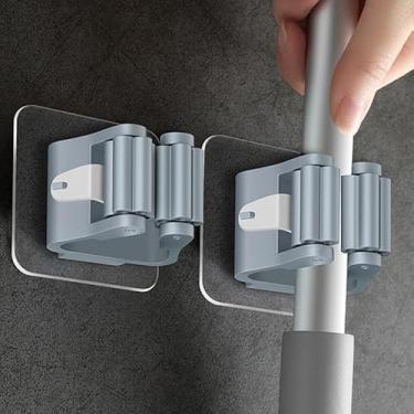 Imagem de Pacote com 2 suportes de esfregão e vassoura de fácil instalação, suporte de armazenamento de parede adesivo sem perfuração para cozinha e banheiro, design que economiza espaço, cinza