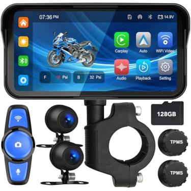 Imagem de FancyTiger DVR portátil para motocicleta, CarPlay sem fio de 6,2 polegadas e tela sensível ao toque automática Android com câmera veicular HD 1080p frontal e traseira, Bluetooth duplo, cartão TF de