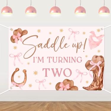 Imagem de Pano de fundo de aniversário de vaqueira ocidental, sela! Tema de rodeio 2º aniversário, decorações de festa rosa, rodeio do oeste selvagem, cacto mexicano para meninas, crianças, artigos de festa de