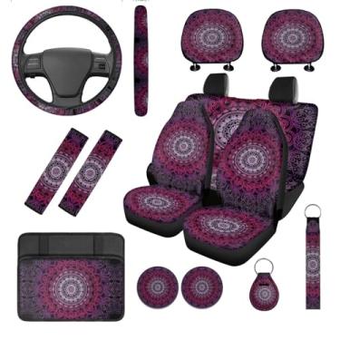 Imagem de Hudotybom Conjunto completo de capas de assento de carro mandala vermelha com capa de volante boho floral capas de cinto de segurança protetor de almofada de apoio de braço mandala acessórios