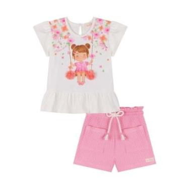 Imagem de Conjunto Infantil Menina Bata e Shorts em Malha Rosa Kukiê-Feminino