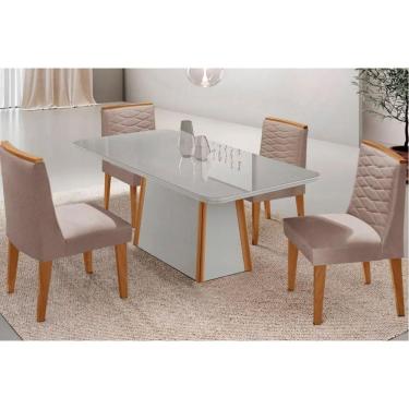 Imagem de Conjunto: Mesa Sala Jantar Tilia Curvo 120cm + 4 Cadeiras Maldivas Naturale/Off White - Linho Capuccino - Rufato