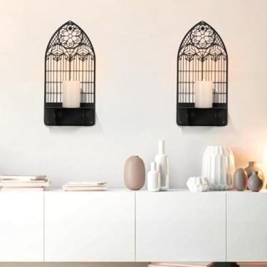 Imagem de Castiçais votivos de metal de igreja arqueada, castiçais de metal, castiçais, suporte de vela preto, decoração de parede em arco para sala de estar, igreja, lareira (preto 1, 14 x 30 cm, 1 peça)