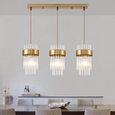 Imagem de Dijiahua Luzes pendentes de 3 luzes douradas ilha de cozinha sobre mesa, lustres lineares modernos de latão escovado de cristal, luminária de balcão pendurada com cordão ajustável para sala de jantar