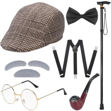 Imagem de ERDOGLY Conjunto de acessórios de fantasia de homem velho, 100 dias de escola, acessórios de vovô - Boina, óculos, bengala, gravata borboleta, suspensório e bigode, fantasia masculina Gatsby Gangster