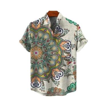 Imagem de Camisa Masculina Vintage De Linho Com Manga Curta E Estampa De Mandala