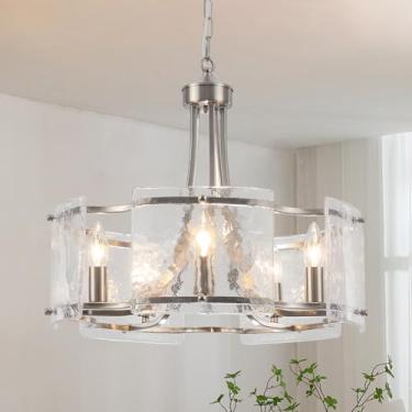 Imagem de TCWGAUI Lustre Moderno De Vidro Texturizado Para Sala De Jantar, Lustre De Cristal De Níquel Escovado Com 5 Lâmpadas, Lustre Redondo Rústico De Fazenda Para Cozinha, Ilha, Quarto, Sala De Estar, Hal