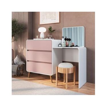 Imagem de Cômoda Penteadeira 3 Gavetas Curve Branco com Rosa Completa Móveis