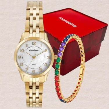 Imagem de Kit Relógio Mondaine Feminino Dourado Madrepérola Clássico 5 ATM Com P