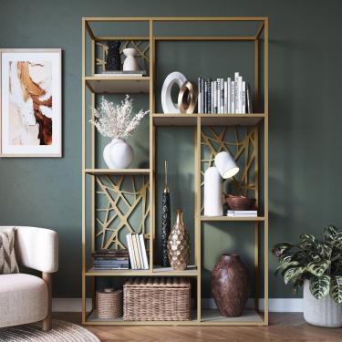 Imagem de Estante para Sala de Estar 122cm 6 Prateleiras Destaques Champagne/arena