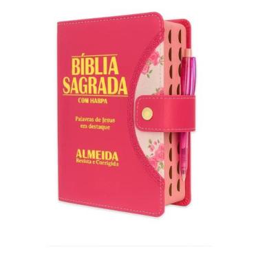 Imagem de Bíblia Sagrada Letra Grande - Botão Pink C/ Harpa 12x16cm - Congratula