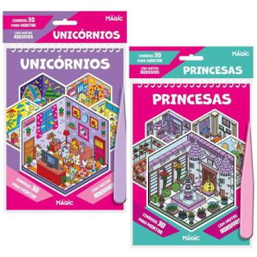 Imagem de Kit 2 Livros Infantil Adesivos 3D Unicórnios e Princesas Cenários Para