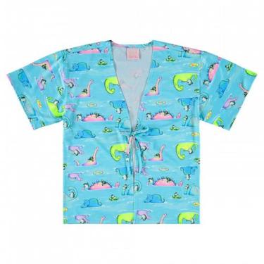 Imagem de Saída de Praia Kimono Infantil Menina Azul com Estampa  com Proteção U