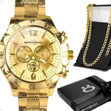 Imagem de relogio prova dagua dourado + corrente + pulseira ouro grande original