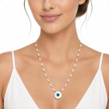Imagem de Colar Ouro 18k Com Pérolas Arroz 4,5mm Com Olho Grego 15mm - Paulistan