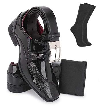 Imagem de Kit Sapato Social Preto Masculino Envernizado Fivela Fixa + Cinto Meia E Carteira