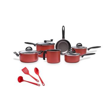 Imagem de Jogo de Panelas Brinox Chilli 6 Peças Com Pipoqueira Cereja + Colheres