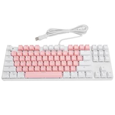 Imagem de Teclado mecânico, teclado mecânico de eixo verde ergonômico USB com fio RGB Backlight Typewriter, 87 Button, para computador laptop, PC, rosa branco