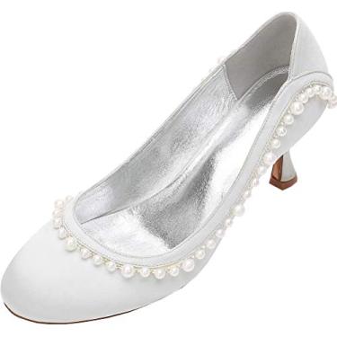 Imagem de Sapatos femininos de salto pérola bico redondo salto gatinha sapatos sociais, Prata, 8.5