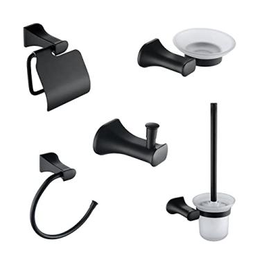 Imagem de Conjunto de ferragens para banheiro preto fosco gancho de toalha anel de roupão de lenço de papel titular escova de banheiro saboneteira acessórios de banheiro, 5 peças