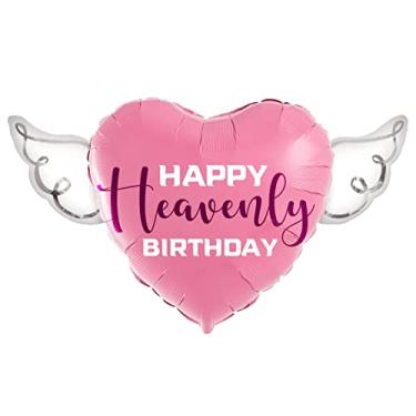 Imagem de Happy Heavenly Birthday pink/purple heart shaped balloon with angel wings