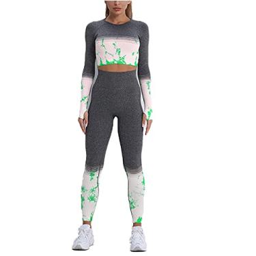 Imagem de Yajun Roupas de ioga sem costura roupas de treino para mulheres roupas esportivas academia agasalho fitness ternos manga longa leggings levanta bumbum, verde, P (peito: 32 cm)