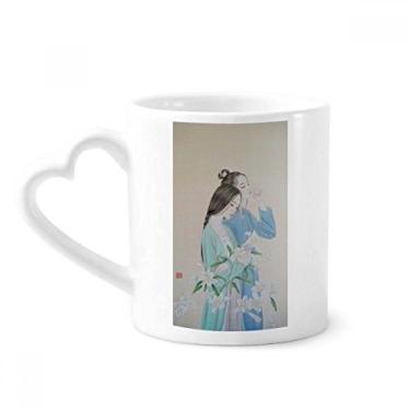 Imagem de Caneca de cerâmica de café com pintura chinesa Lily Flower Beauty Copo de coração de vidro