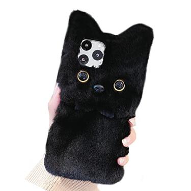 Imagem de UnnFiko Capa de pelúcia macia e quente de inverno compatível com iPhone 13, gato fofo pelúcia animal pelúcia capa feita à mão para meninas mulheres (gato de pelúcia preto, iPhone 13)