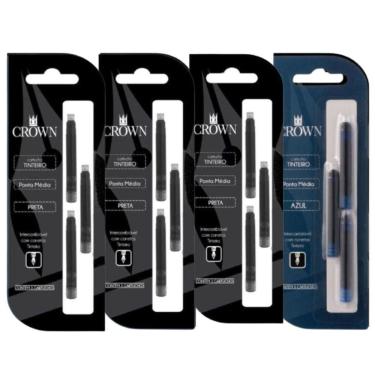 Imagem de Kit 4 Recargas Para Caneta Crown Tinteiro Com 3 Refil Ca32005 Azul Preta