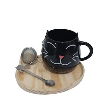 Imagem de Kit Caneca De Chá Com Infusor E Colher Patinha Gato Gatinho (Preta)