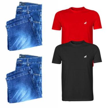 Imagem de Kit 2 Camisetas Básicas Algodão Preta E Vermelha E 2 Bermuda Jeans Sli