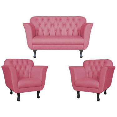 Imagem de Kit Namoradeira + 2 Poltronas Decorativa Dália Suede Rosa Pés Madeira Mz Decor