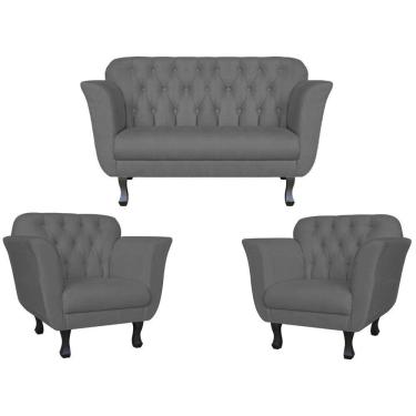Imagem de Kit Namoradeira + 2 Poltronas Decorativa Dália Suede Cinza Pés Madeira Mz Decor