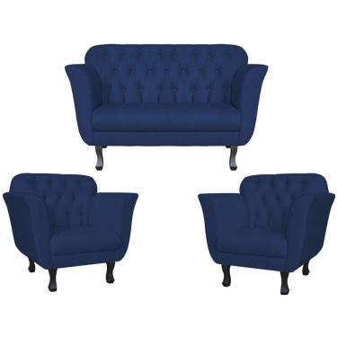 Imagem de Kit Namoradeira + 2 Poltronas Decorativa Dália Suede Azul Marinho Pés Madeira Mz Decor