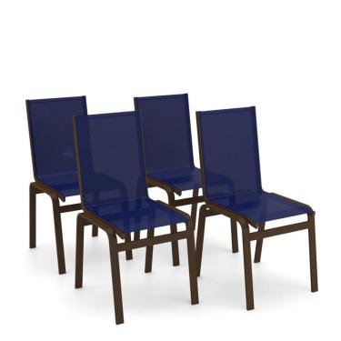 Imagem de Kit 4 Cadeiras Jantar Gourmet Alumínio Marrom Tela Azul