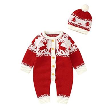 Imagem de Macacão com capuz para bebês meninos meninas macacão de Natal de algodão para bebês conjunto de roupas chapéu suéter de malha grande, Vermelho, 6-12 Months