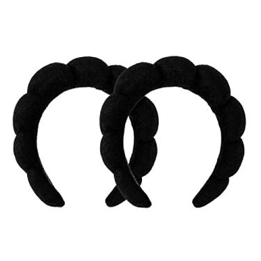 Imagem de LALAXAVA Faixa de cabelo para mulheres toalha de tecido felpudo para lavar o rosto, esponja inchada, faixa de spa para cuidados com a pele, remoção de maquiagem, chuveiro - preta