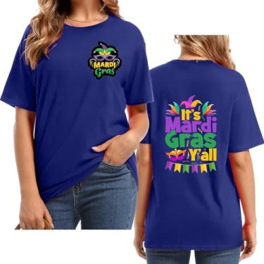 Imagem de UIFLQXX Camiseta feminina It's Mardi Yall com estampa de letras, gola redonda, manga curta, plus size, roupa casual para festa de carnaval, Azul, XG