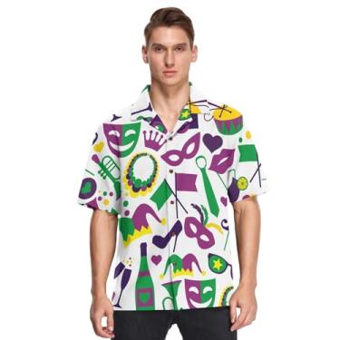 Imagem de Camisa masculina havaiana de botão manga curta Mardi Gras lírio francês roxo verde amarelo estampado camisa de Playa para, Terça-feira gorda colorida Carnaval de Mardi Gras, P